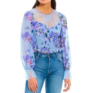 Free People Daphne Blouse Blue Floral Print Lace Sheer Long Sleeve Blouse XS